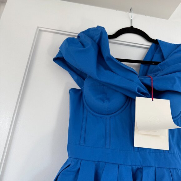 NWT Alexander McQueen Off-Shoulder A-line Midi Dress Galactic Blue Cotton Poplin - Picture 7 of 10